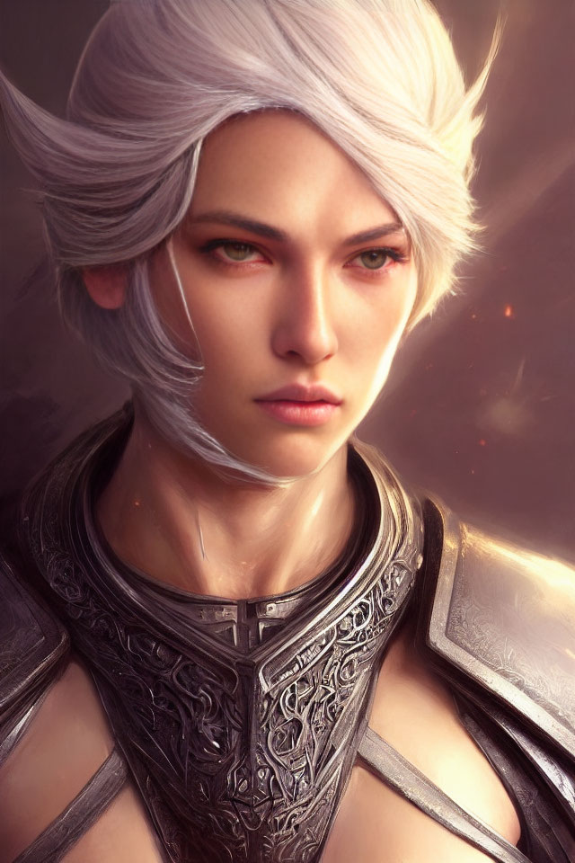 Fantasy Character Digital Portrait: Silver Hair, Sharp Features, Yellow Eyes, Ornate Armor