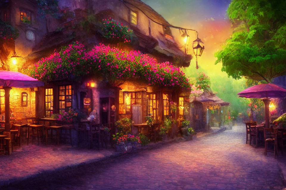 Charming twilight scene of cobblestone street with lanterns and cozy café seating