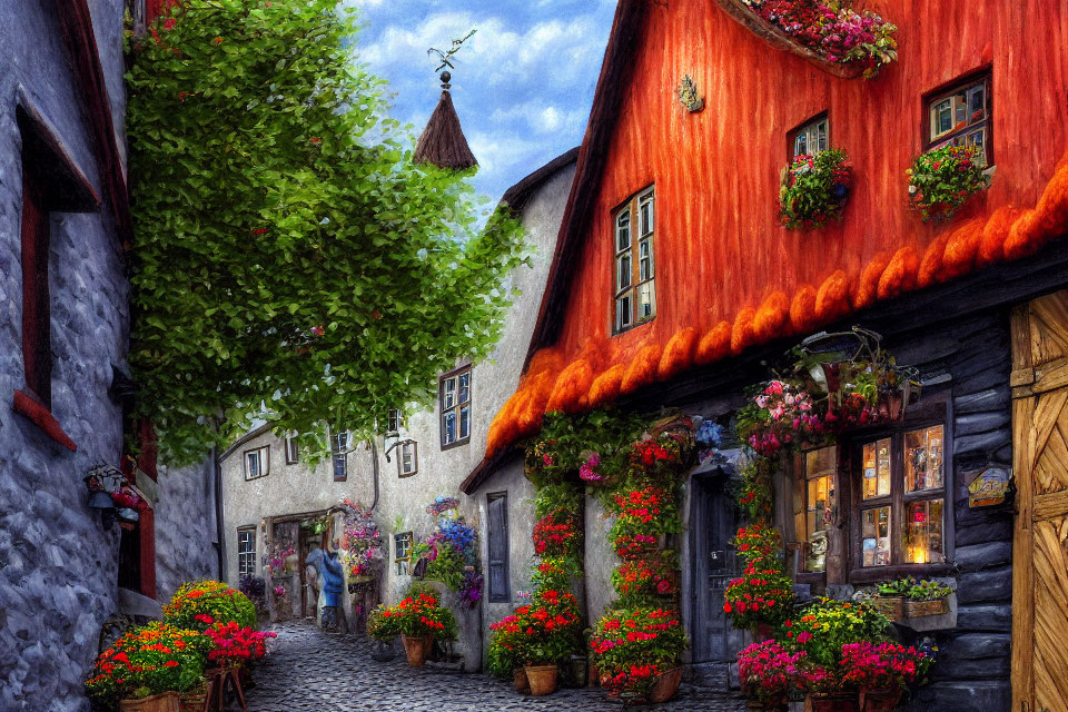 Picturesque cobblestone street with colorful houses and greenery under clear sky