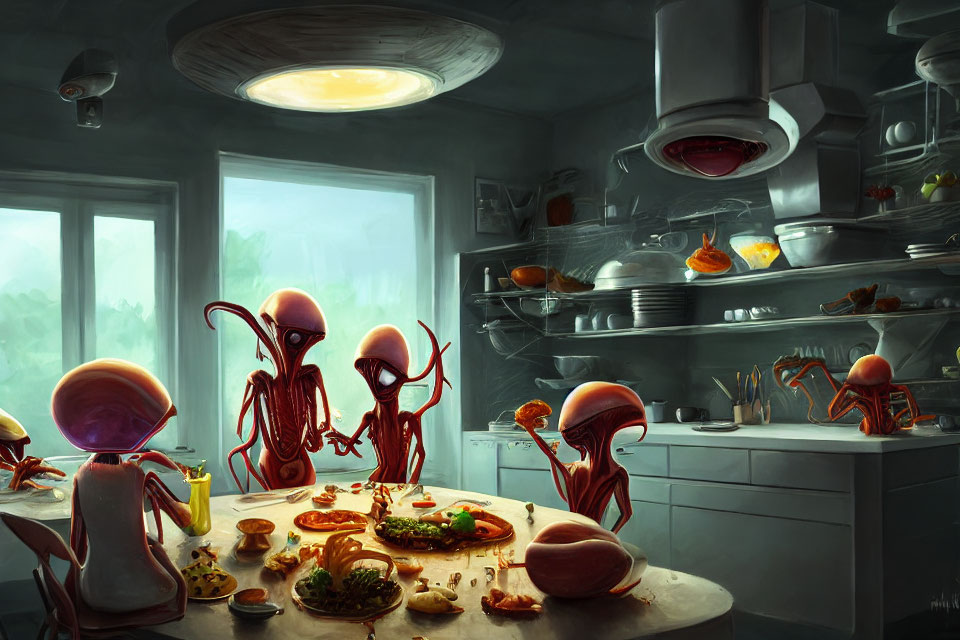 Kitchen scene with octopus-like creatures cooking, serving drinks, and dining on pizza