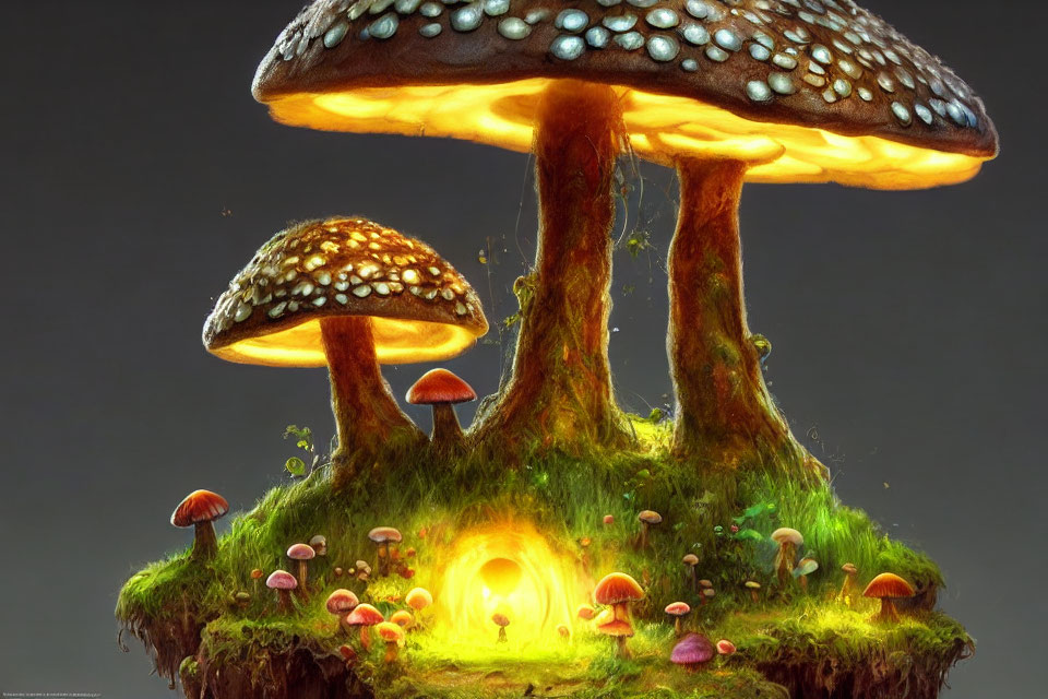 Fantastical digital artwork of oversized glowing mushrooms on earth