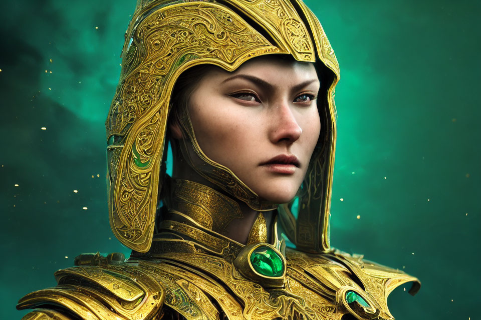 Digital art portrait of woman in ornate golden helmet with gemstone