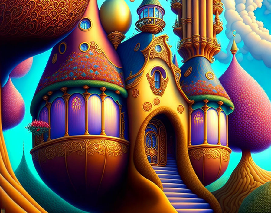 Colorful whimsical illustration of fantastical building with ornate towers