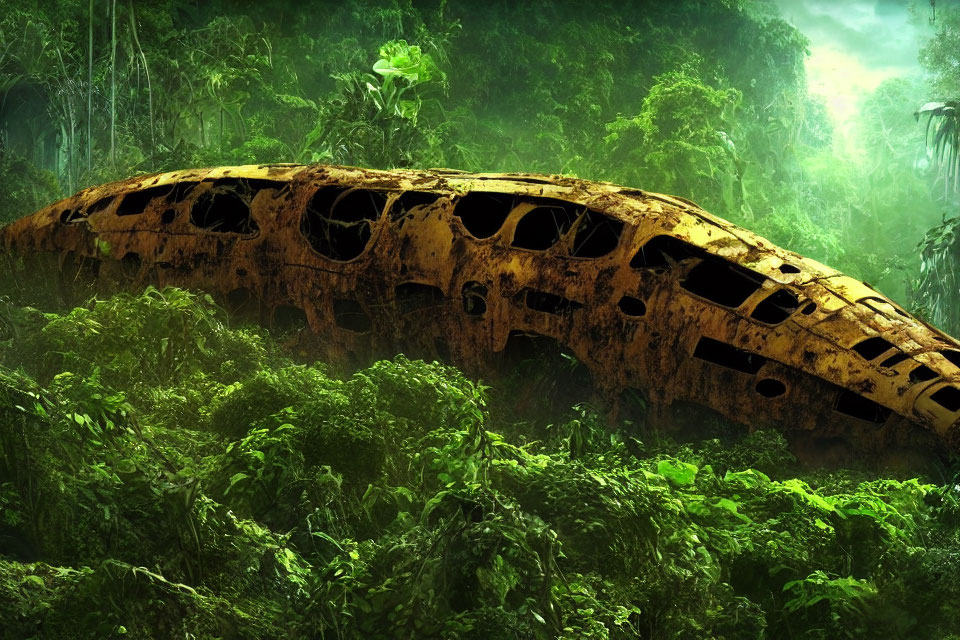 Abandoned rusted airplane fuselage in lush jungle light.