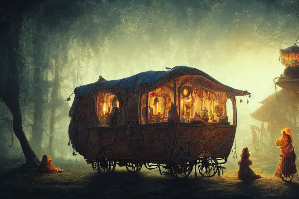 Ornate illuminated caravan in mystical forest with traditional attire people