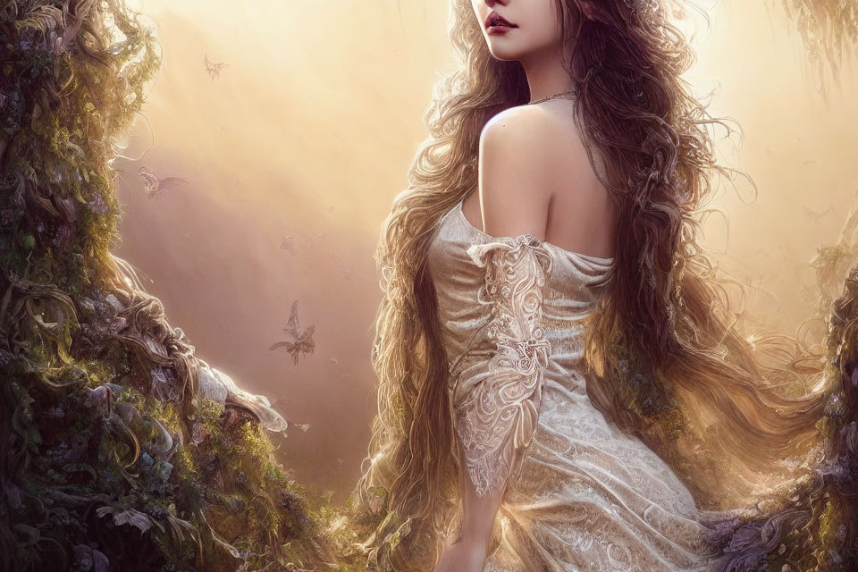 Woman with Long Hair in Lace Dress Stands in Ethereal Forest Glade