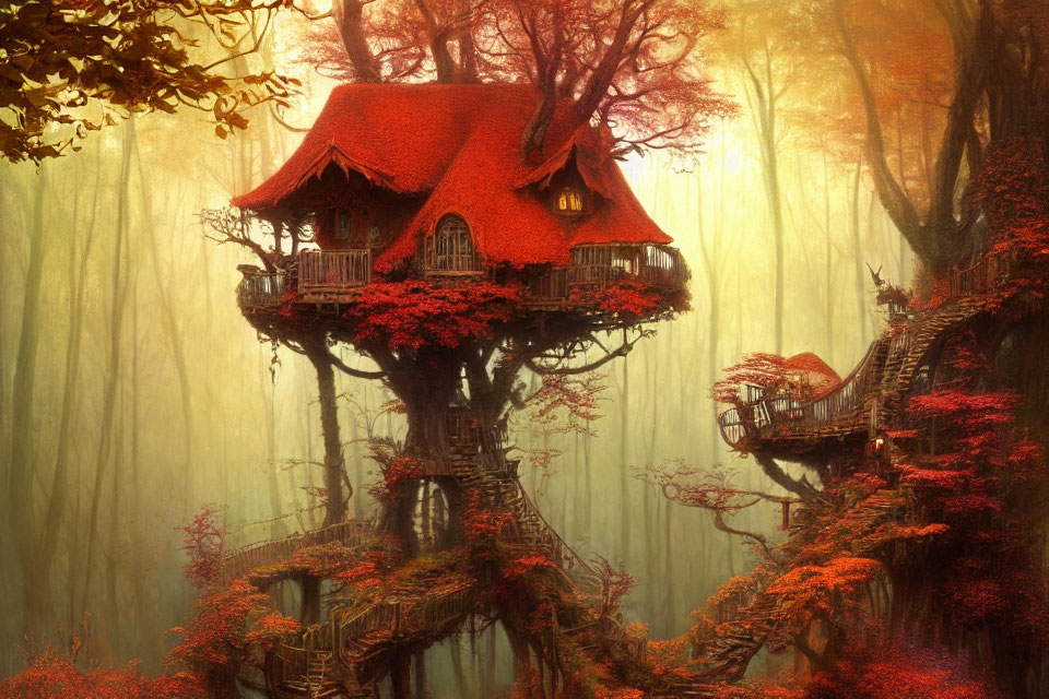 Whimsical treehouse with red roof in autumnal forest