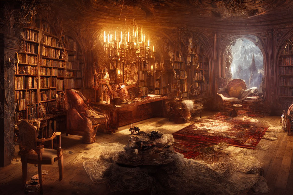 Warm-lit study with overflowing bookshelves and plush chairs