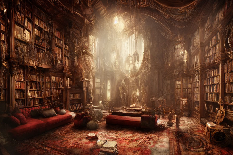 Dimly Lit Grand Library with Towering Bookshelves