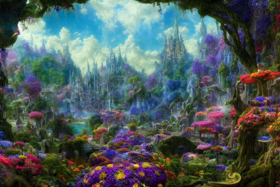 Colorful fantasy landscape with gardens, flora, and fairytale castle