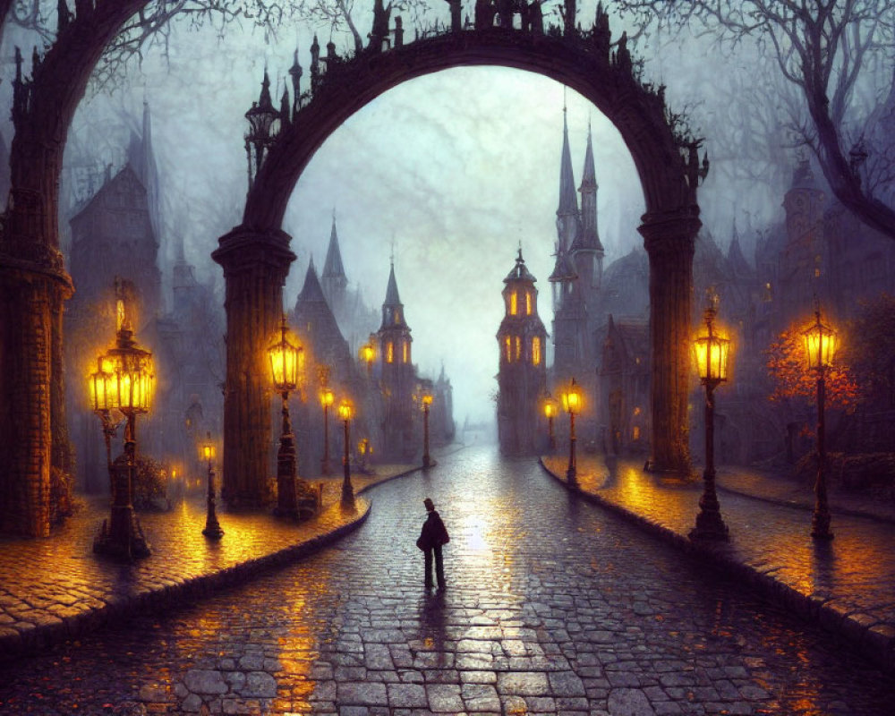 Person walking under archway on cobblestone path in mystical, gothic setting