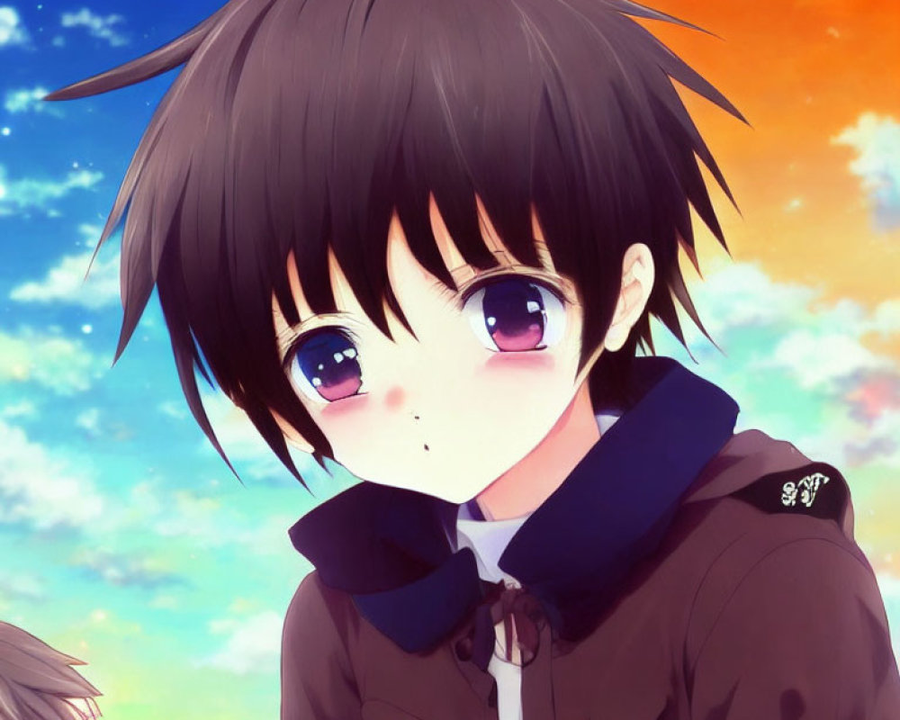 Anime character with large eyes in school uniform against cloudy sky