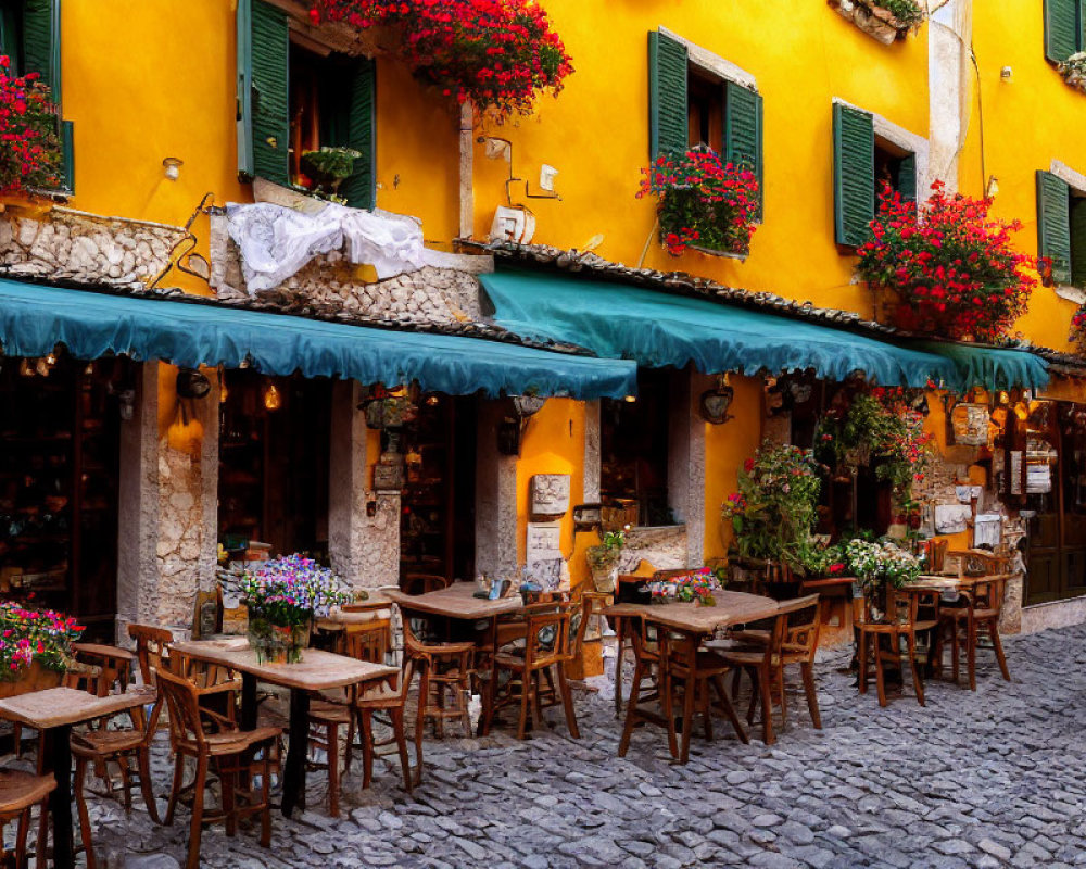 Charming European Street Cafe with Wooden Tables and Vibrant Decor