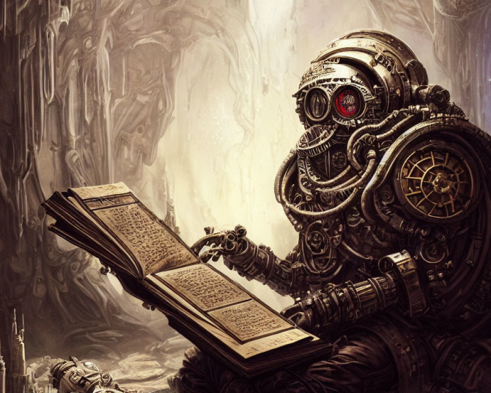 Steampunk-style robot with gears and red eye reading in cavernous space