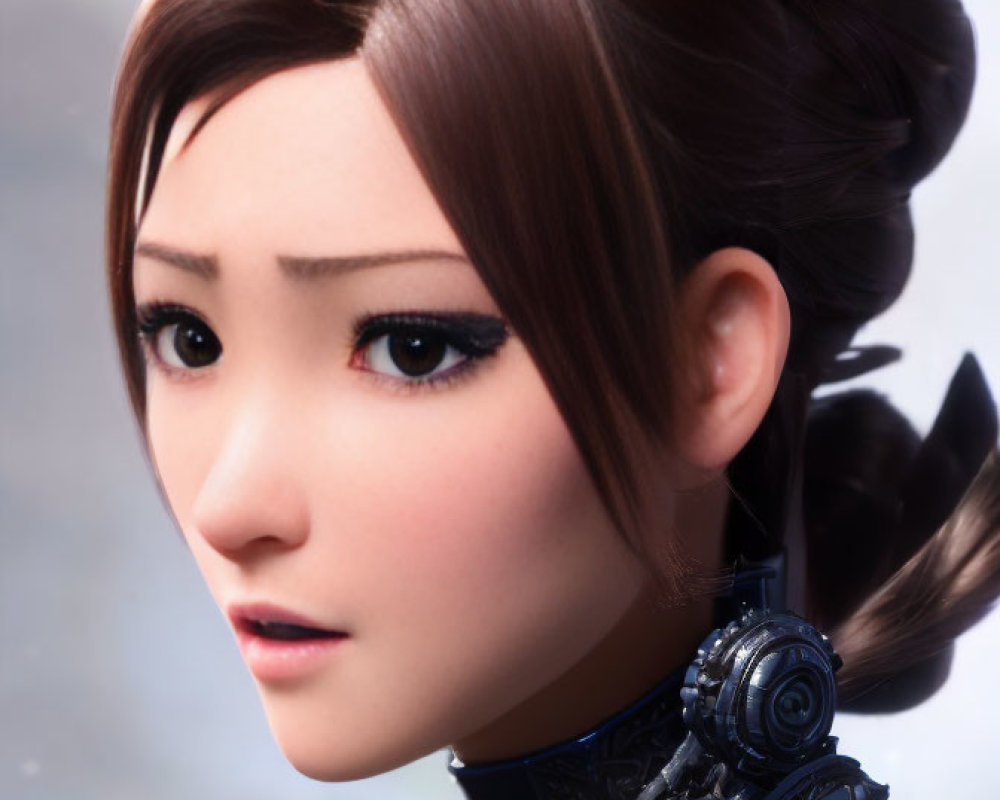 Close-Up of 3D-Animated Female Character with Brown Hair and Mechanical Armor