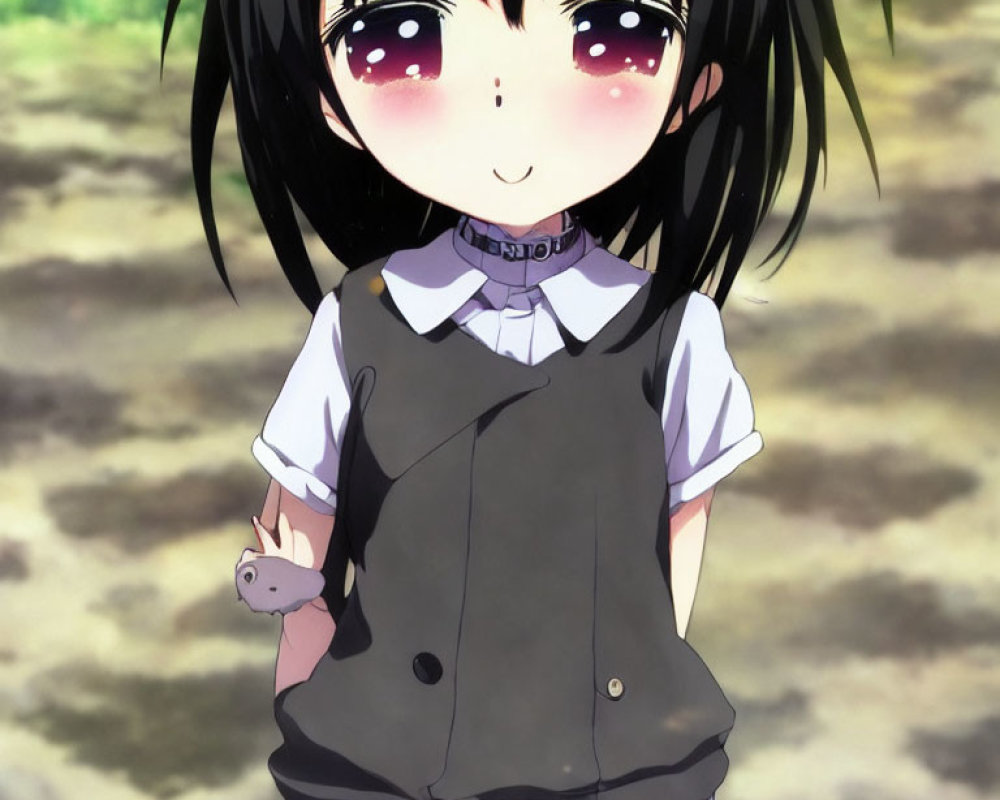 Anime girl with purple eyes, black hair, red hair clips, white blouse, and gray vest.