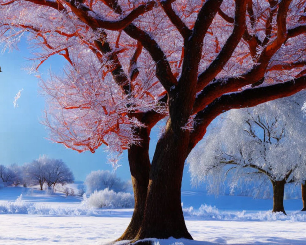 Snow-covered landscape with large frost-coated tree and red leaves under blue sky