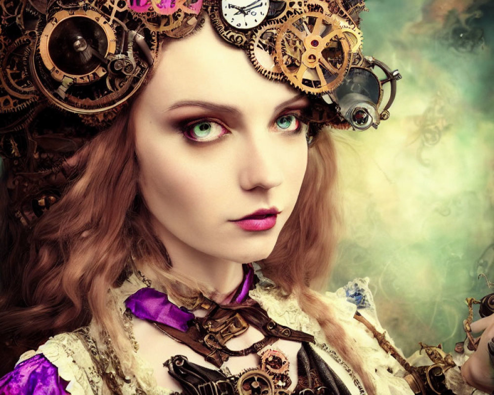 Steampunk-themed woman with gear accessories and green eyes on smoky background