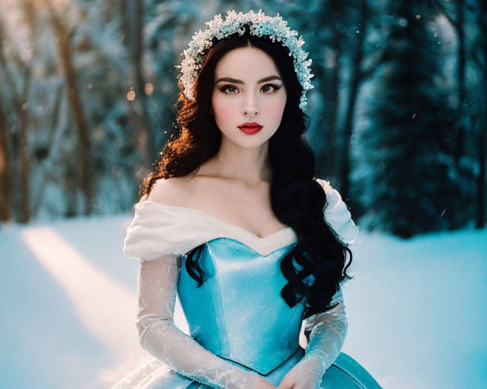 Woman in Blue Dress with Crystal Tiara in Snowy Forest