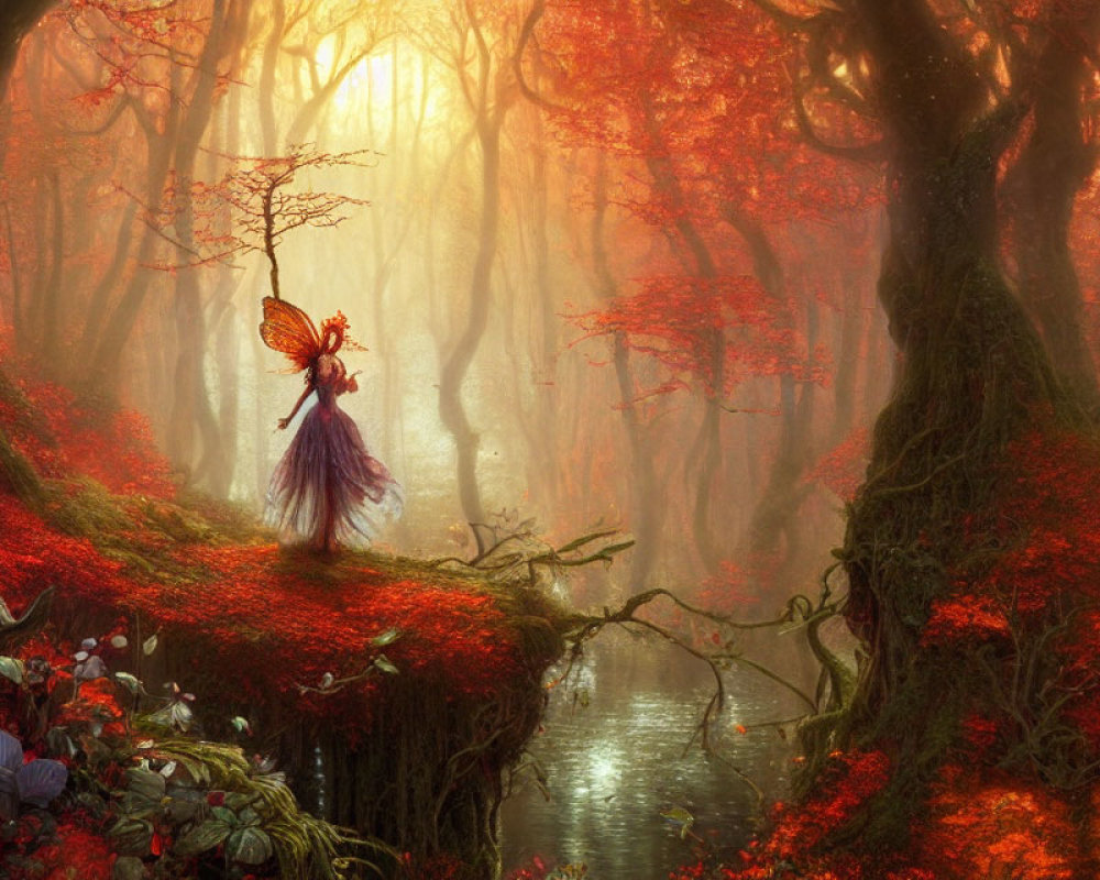 Mystical autumn forest with red foliage and fairy on tree trunk