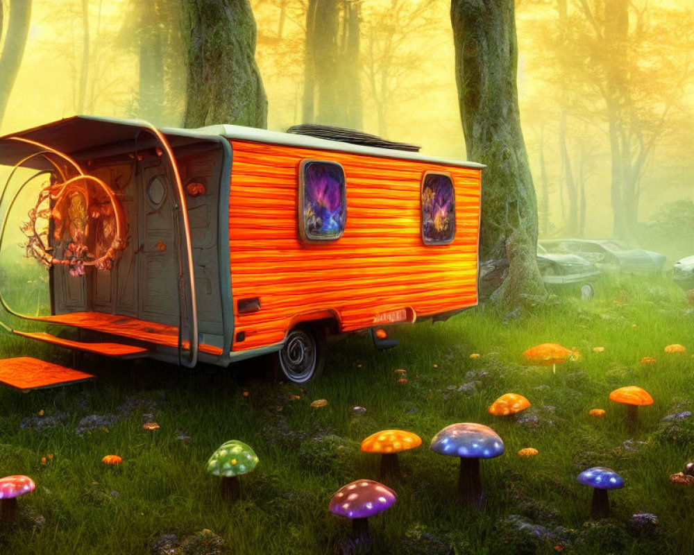 Colorful Mushroom Forest Scene with Orange Caravan Interior