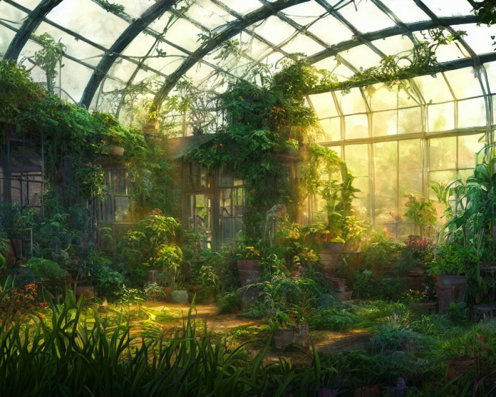 Greenery-filled greenhouse under sunlit glass roof