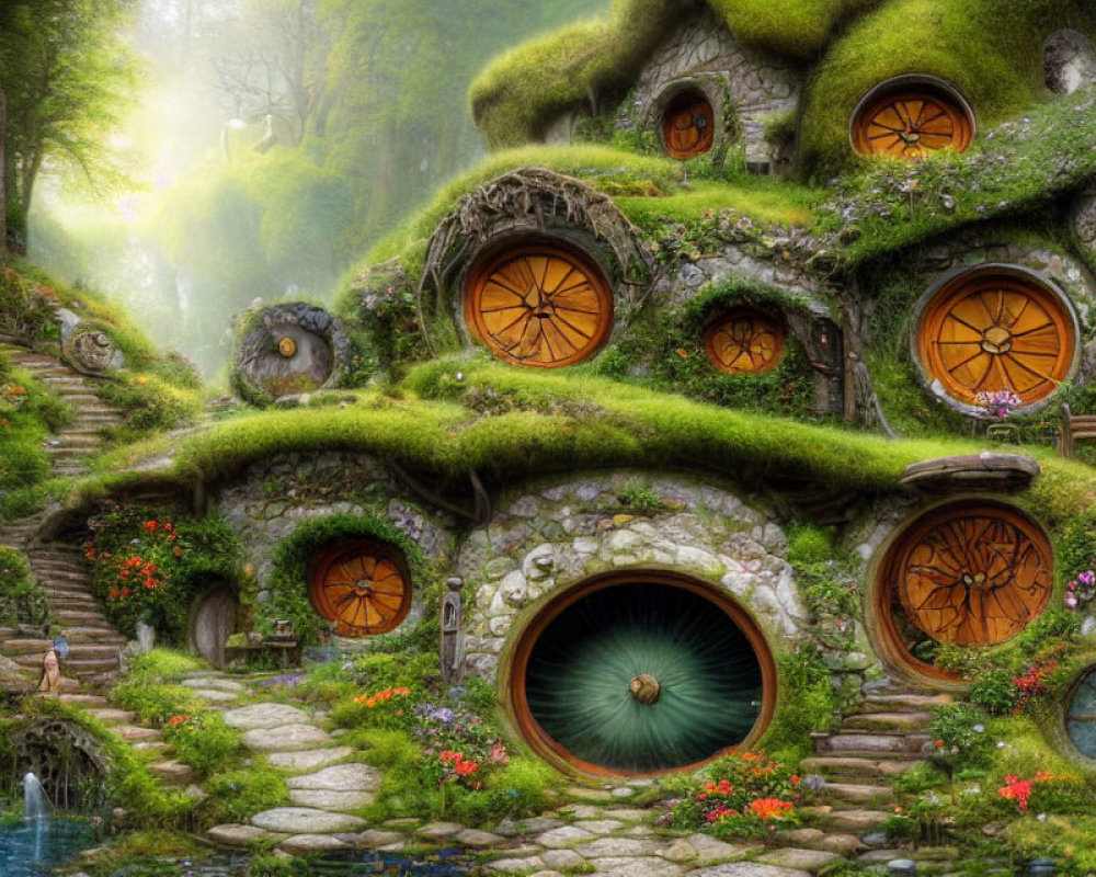 Unique hobbit-style houses in lush greenery with round doors and windows