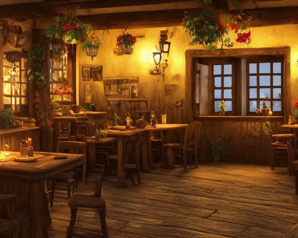 Medieval-style tavern interior with wooden tables, chairs, candles, flowers.