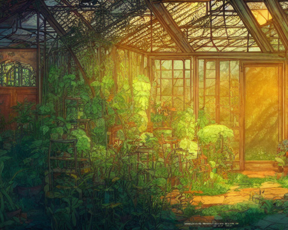 Ethereal sunlit greenhouse with lush greenery and climbing vines