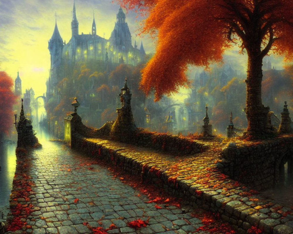 Cobblestone bridge with statues leading to gothic castle in autumn landscape