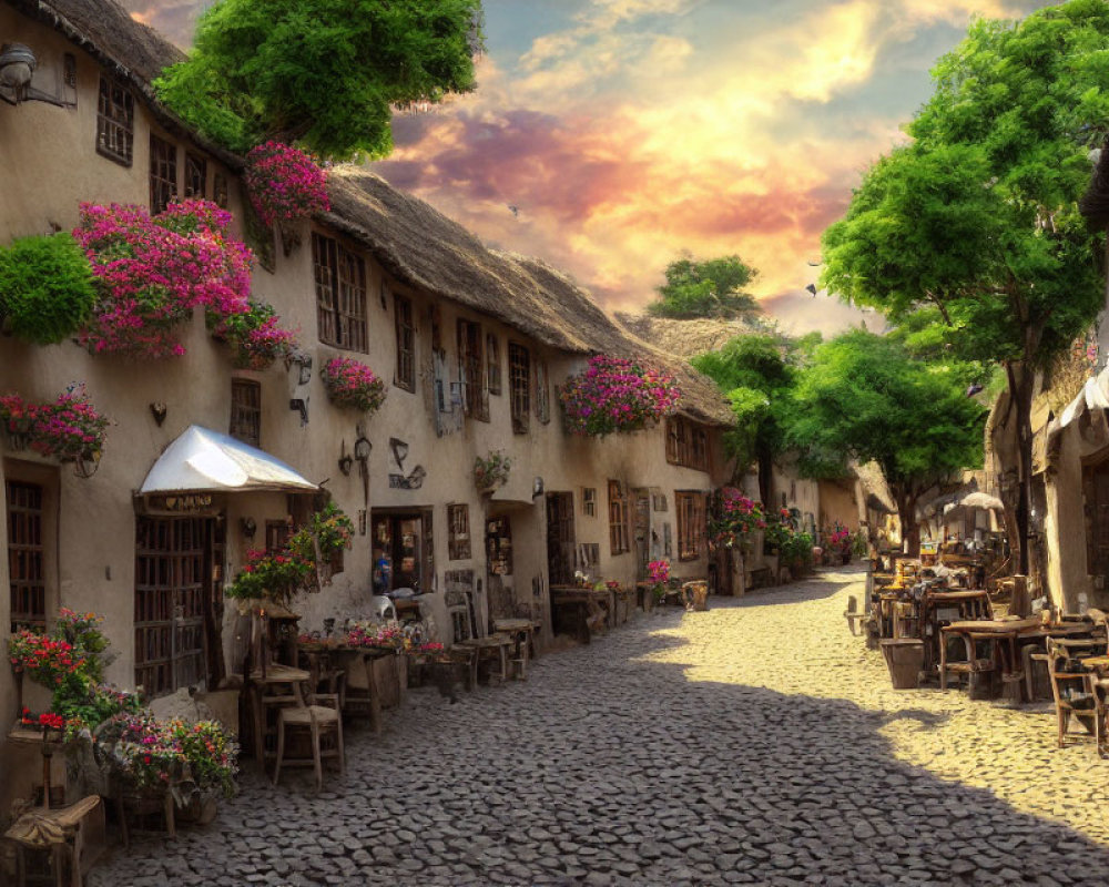 Quaint cobblestone street with old-world buildings and pink flowers at sunset