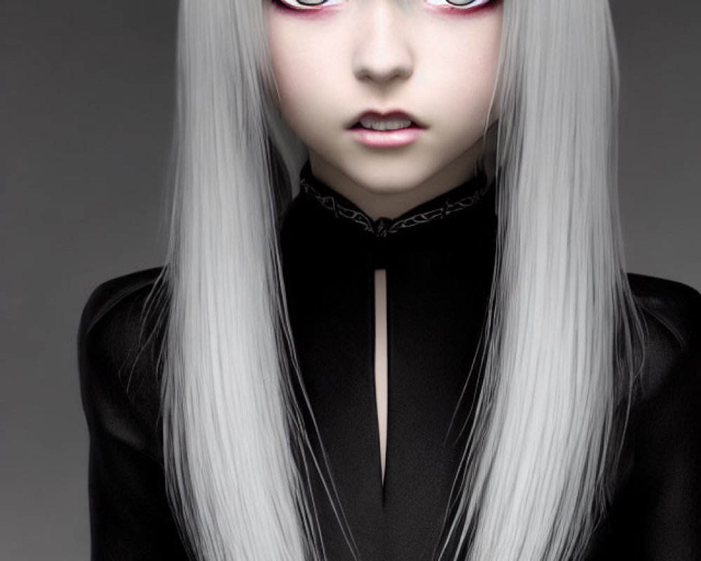 Female character with long white hair, red and blue eyes, black choker, and dark outfit.