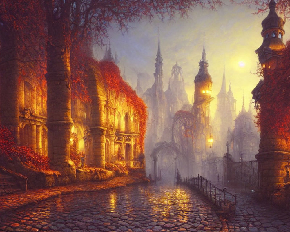 Vintage street lamps light ivy-covered cobblestone street to misty castle