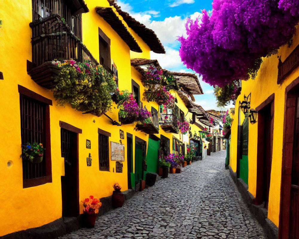 Vibrant Colonial Street with Yellow Buildings and Purple Flowers