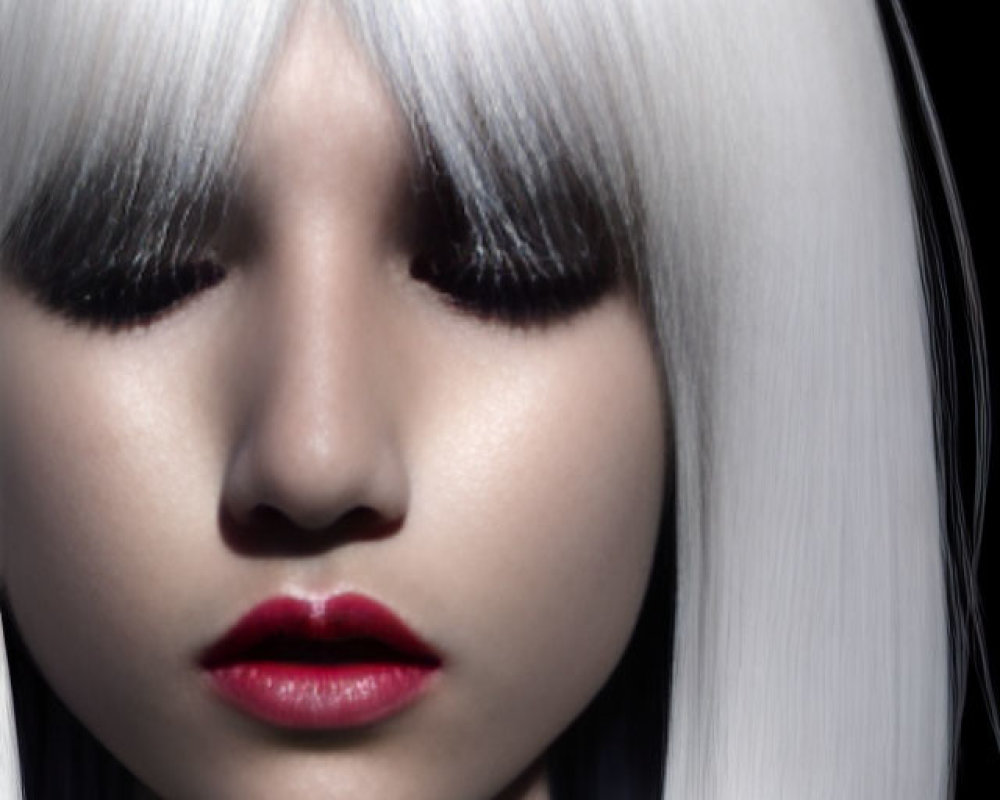 Striking platinum blonde hair and bold red lipstick close-up portrait