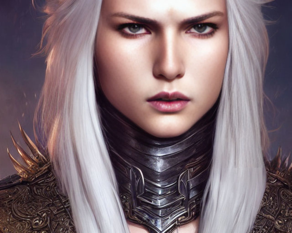 Fantasy character digital portrait with white hair, blue eyes, and ornate black armor