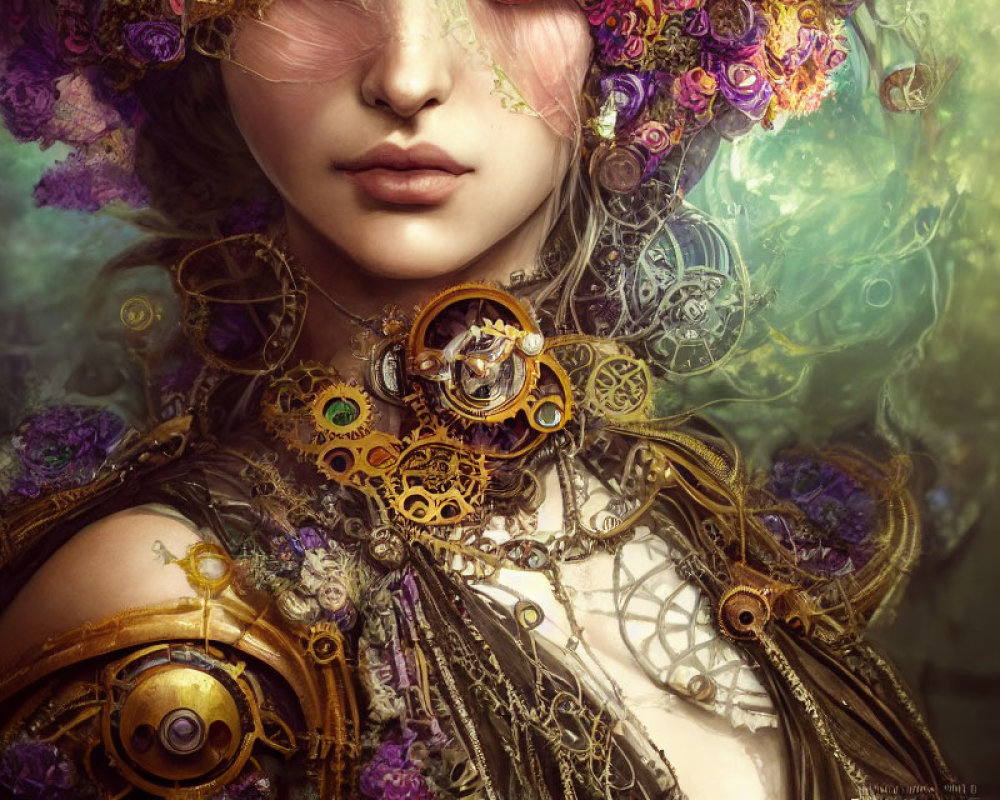 Woman adorned with mechanized elements and purple flowers blending nature and steampunk styles.