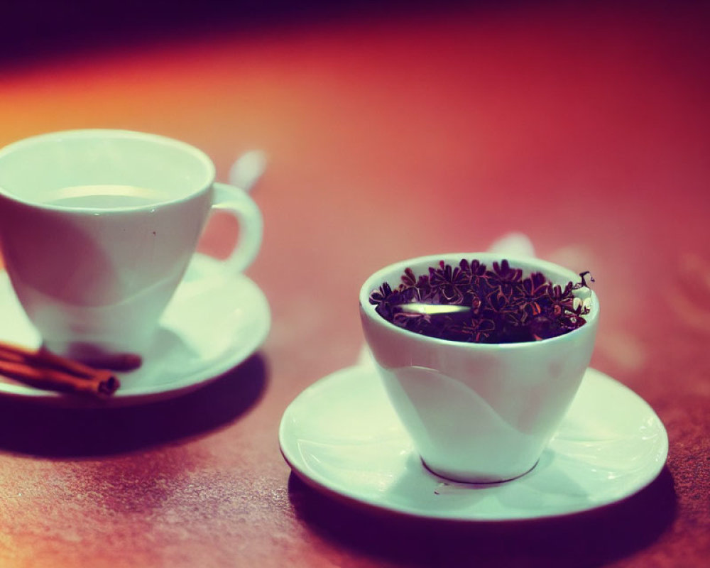 White Cups on Saucers with Cloves and Cinnamon Sticks in Warm Setting