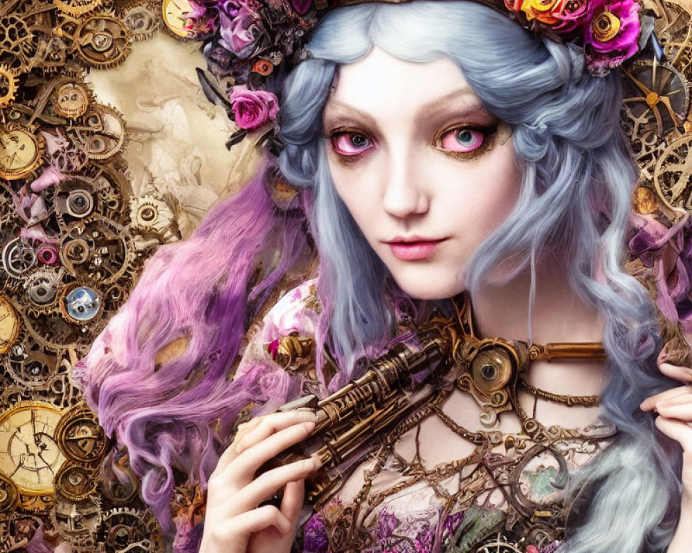 Steampunk-themed illustration of woman with pastel hair and gear-adorned gun among cogs