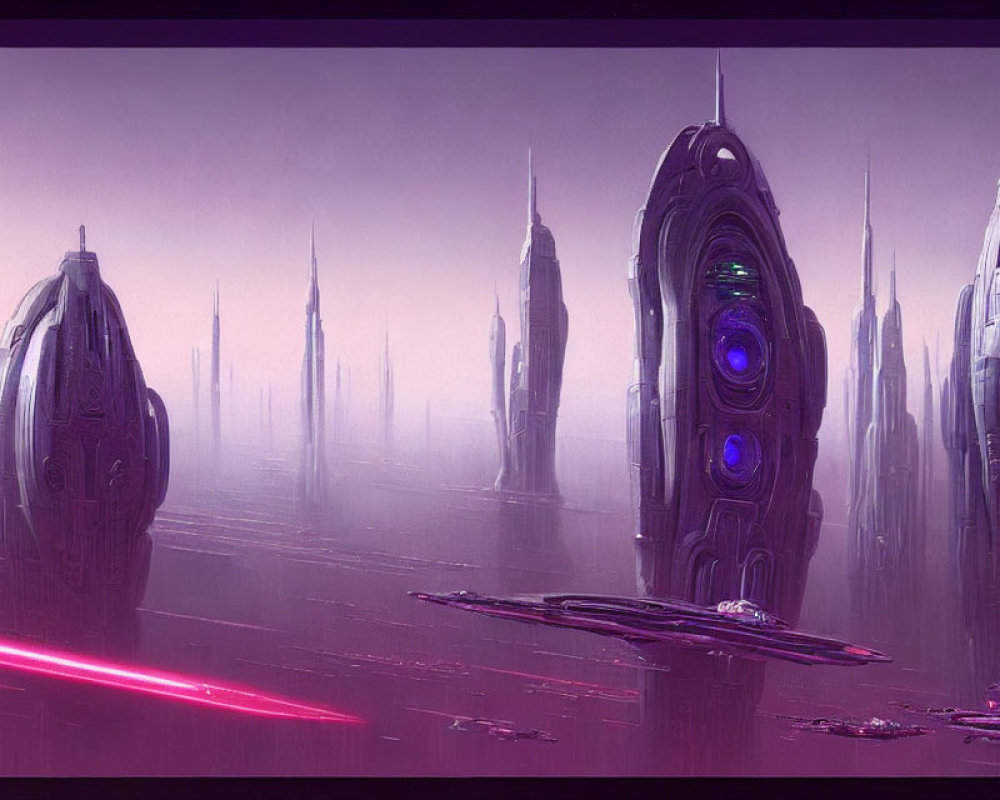 Futuristic purple-hued cityscape with neon lights and reflective surface