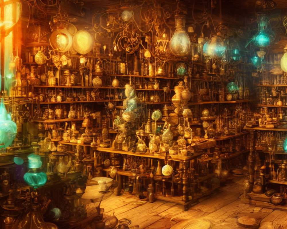 Mystical room with potions, orbs, and artifacts in warm magical glow