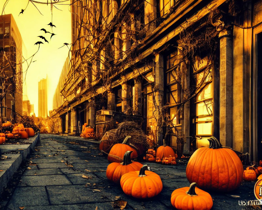 Autumnal city scene with pumpkins, bats, and orange sky