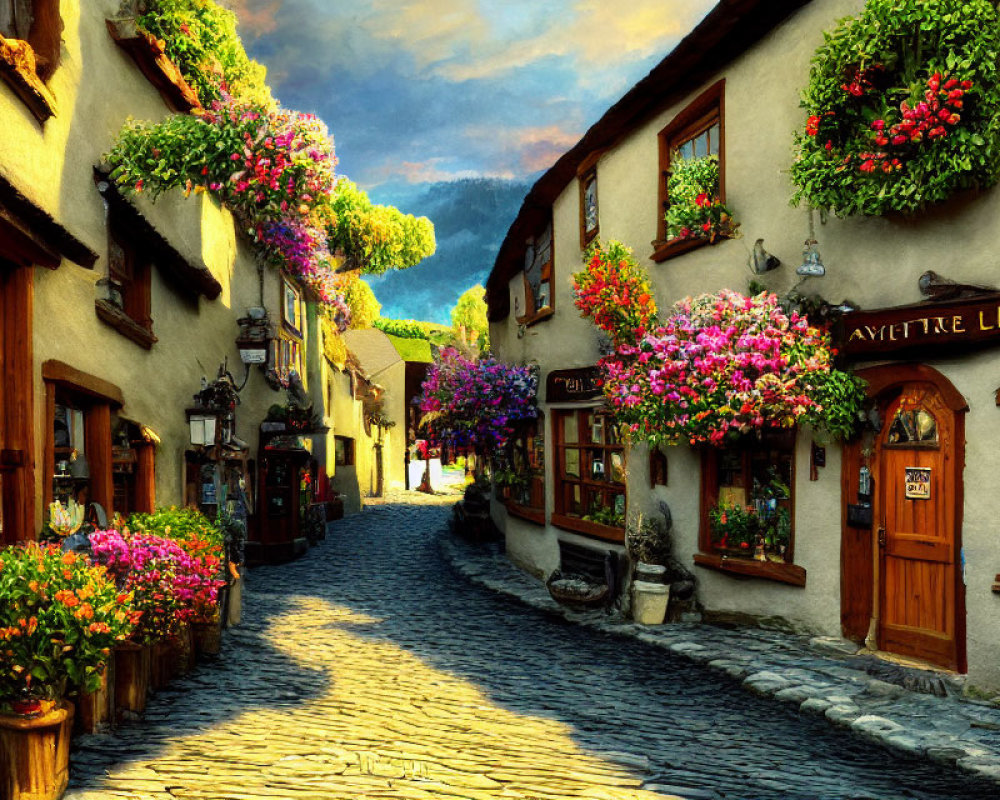 Charming cobblestone street with old-world buildings and vibrant flower baskets