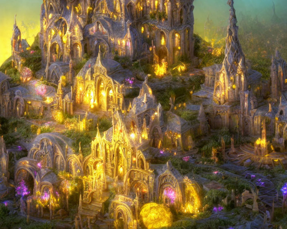 Fantastical glowing city with intricate towers and arches in mystical twilight landscape