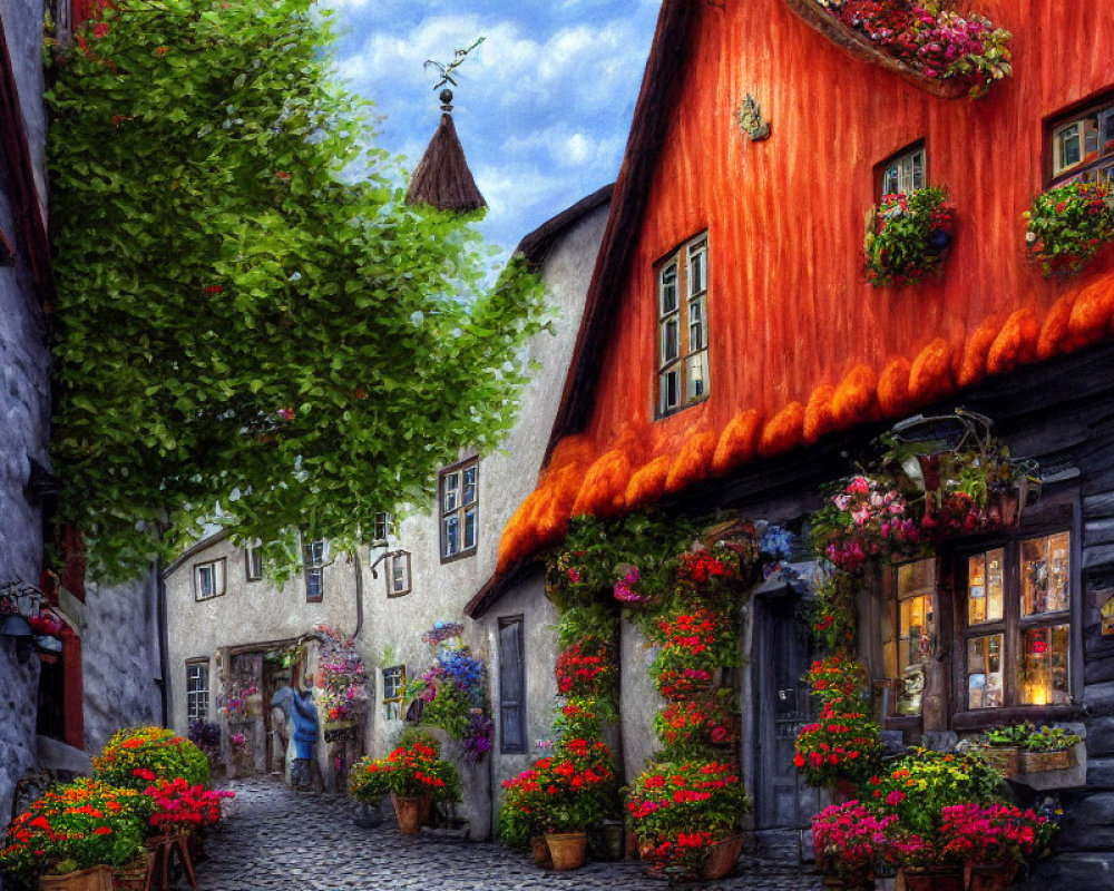 Picturesque cobblestone street with colorful houses and greenery under clear sky