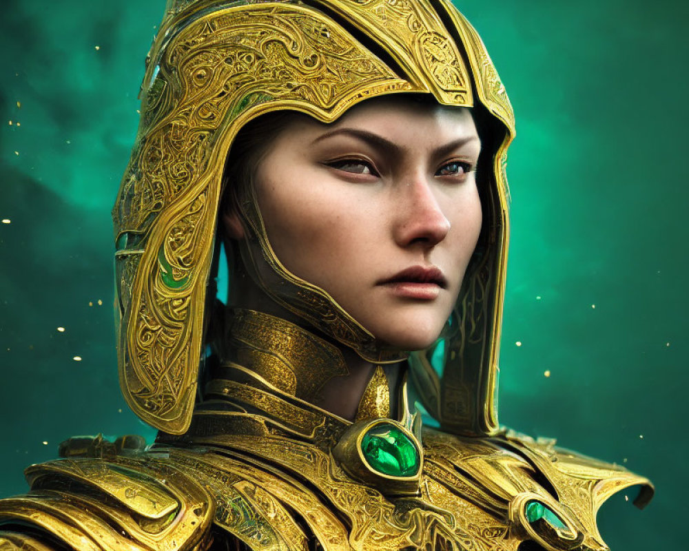 Digital art portrait of woman in ornate golden helmet with gemstone