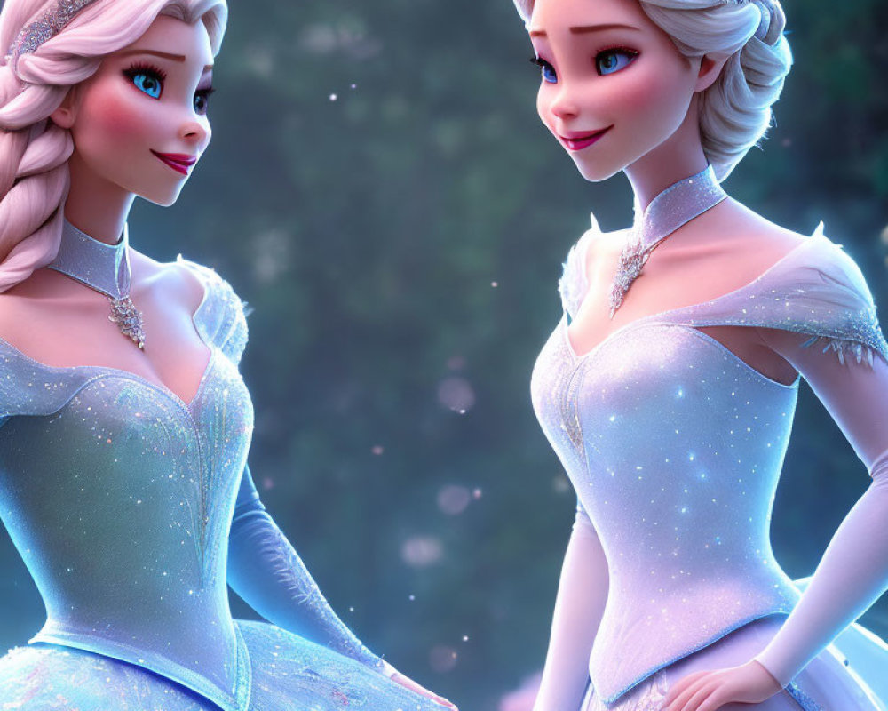 Two fair-skinned female characters in blue gowns with platinum blonde hair in frosty setting