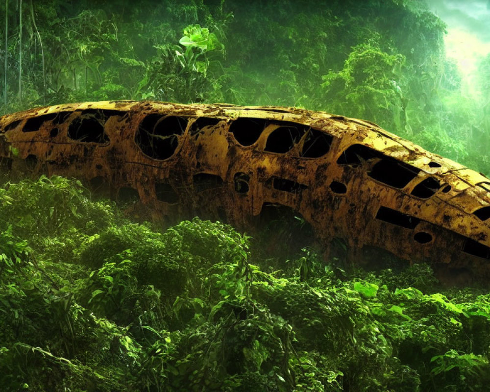 Abandoned rusted airplane fuselage in lush jungle light.