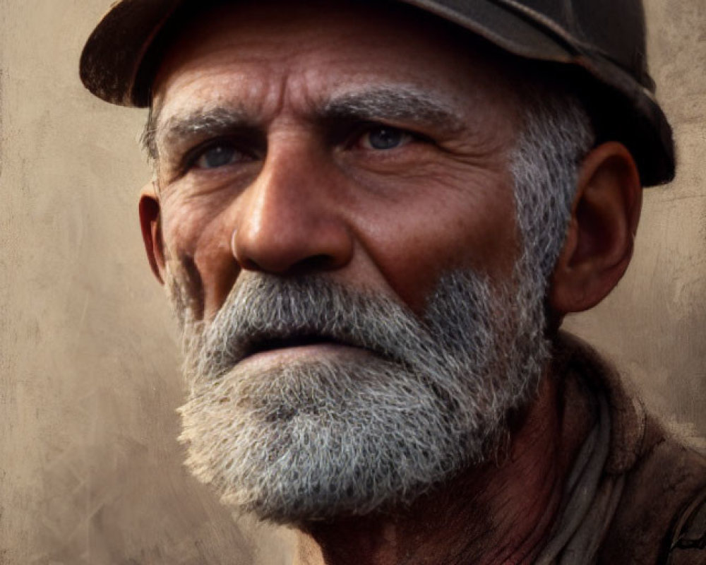 Elderly man with greying beard in battered helmet gazes into the distance