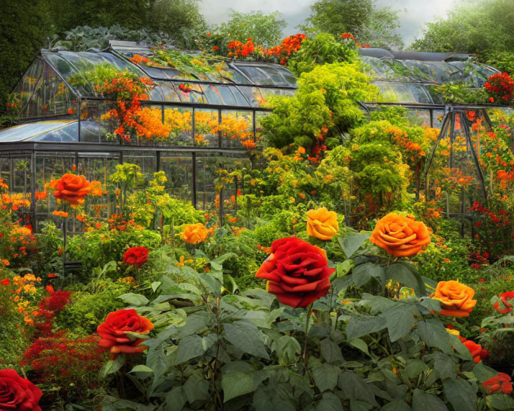 Lush Garden with Red Roses and Glass Greenhouse Overflowing with Greenery